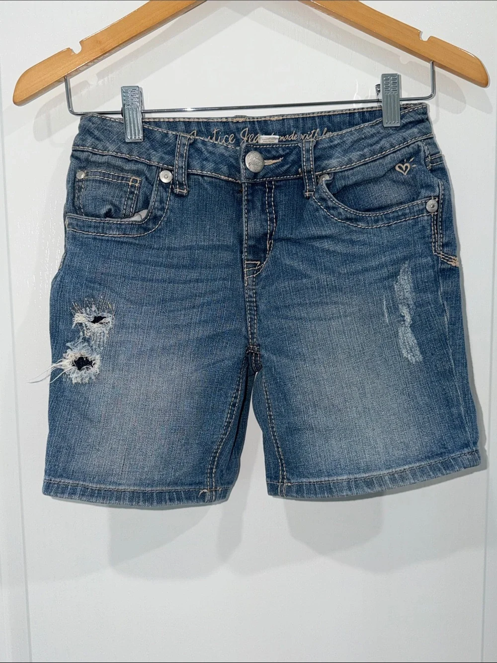 Justice Girls Distressed Mid-Blue Denim Shorts Jeweled size 14